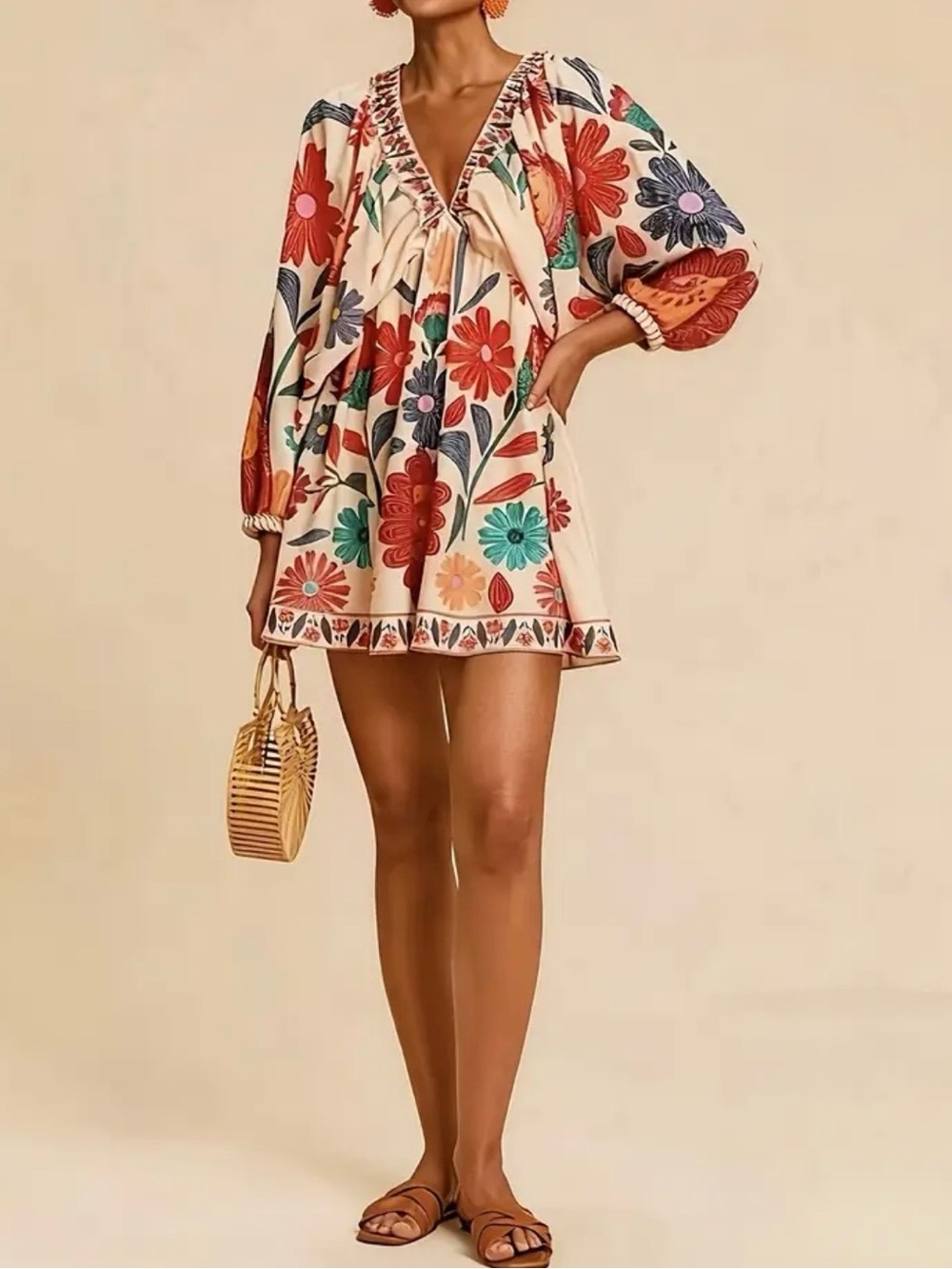 Boho Floral Mini Dress (SKU621)